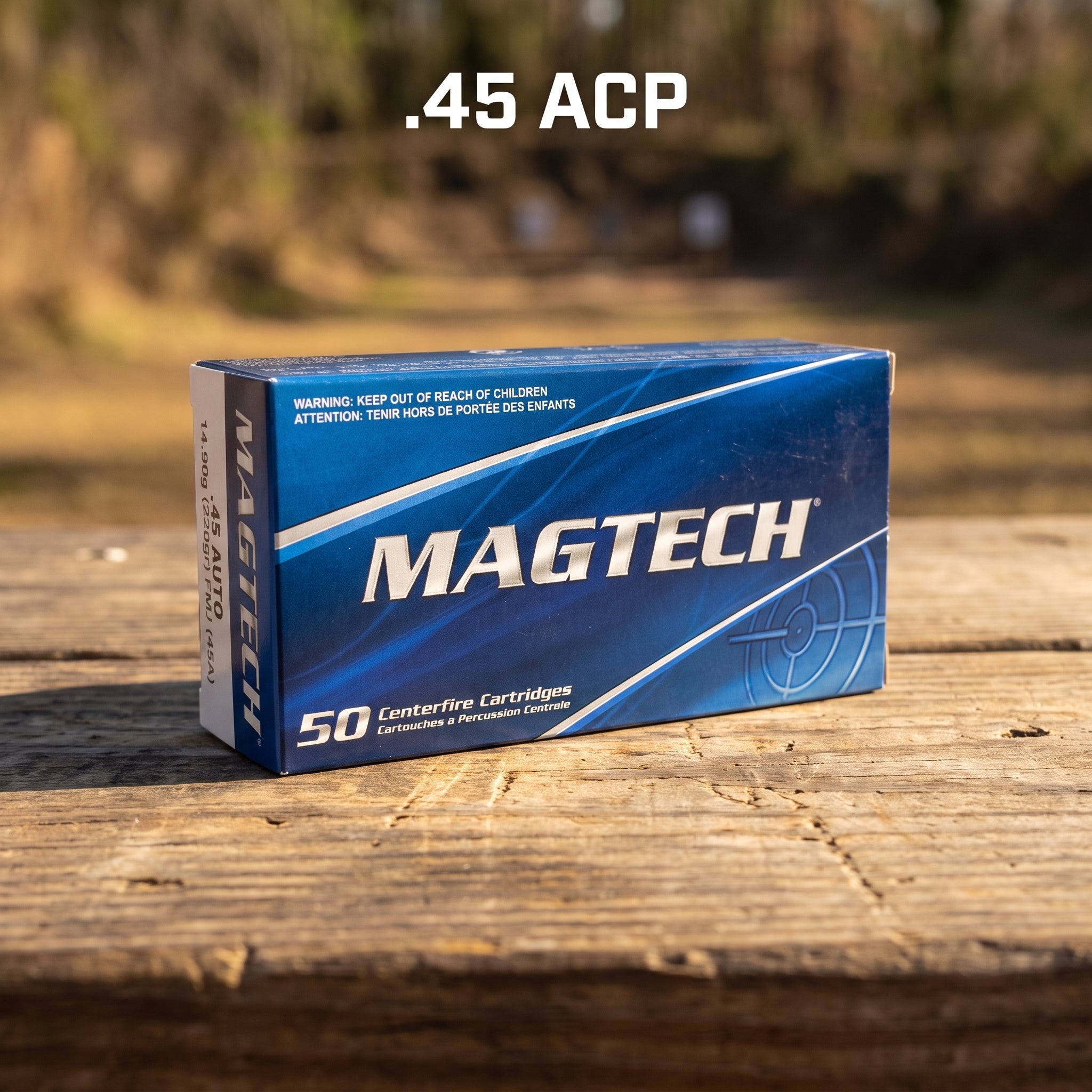Magtech .45 ACP 230 Grain FMJ 50 round box on range bench