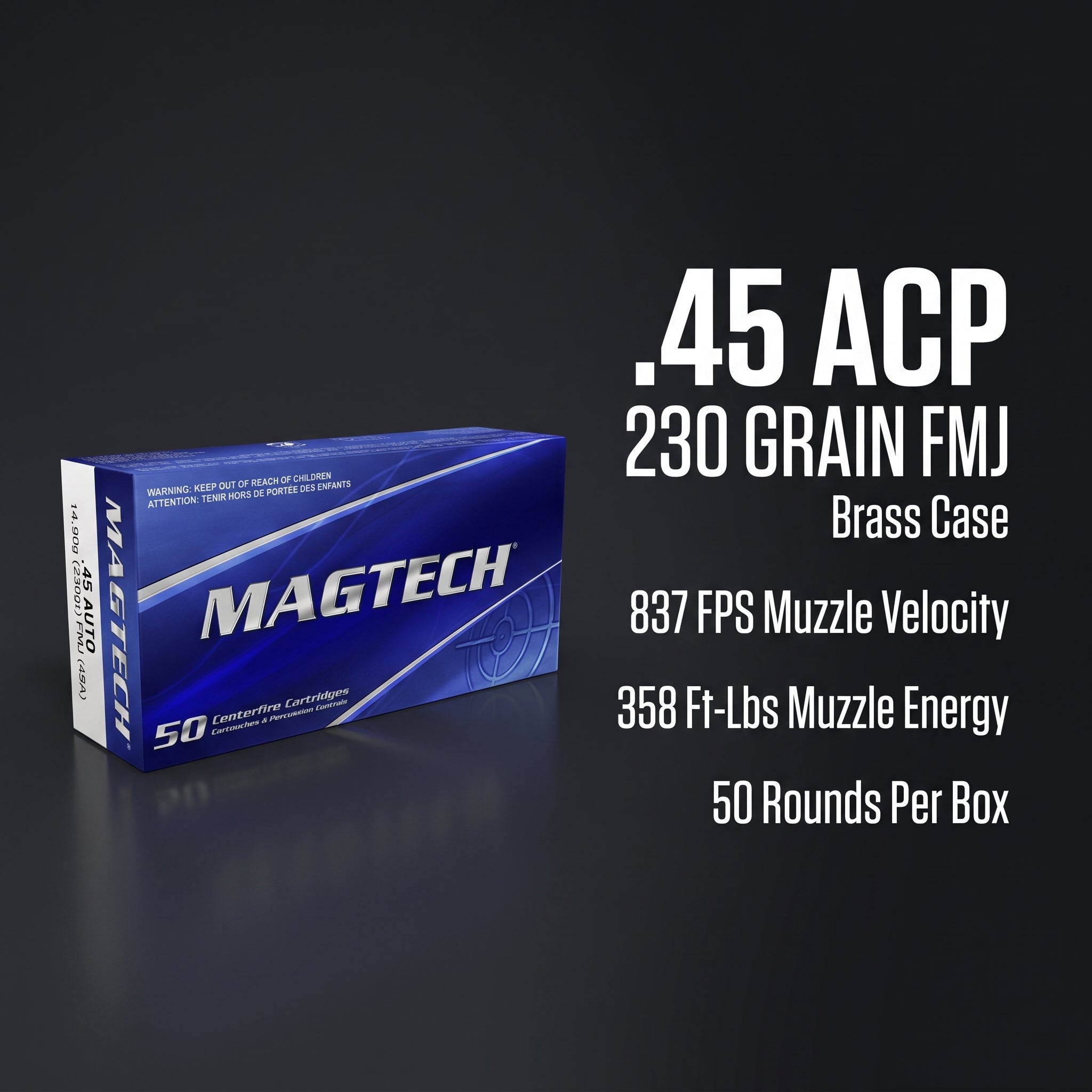 Magtech .45 ACP 230 Grain FMJ ammunition specs 837 fps 358 ft-lbs