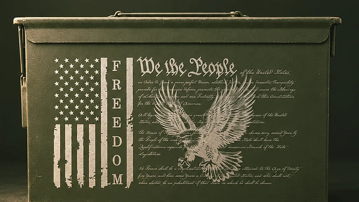 A We The People engraved steel ammo can outdoors