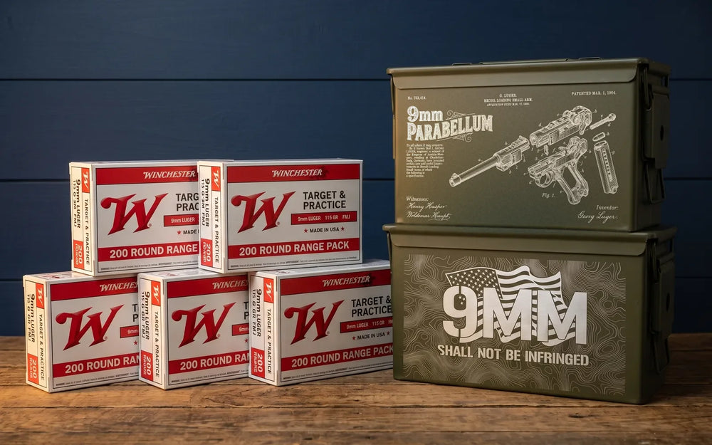Two laser-engraved 9mm ammo cans with boxes of Winchester 9mm