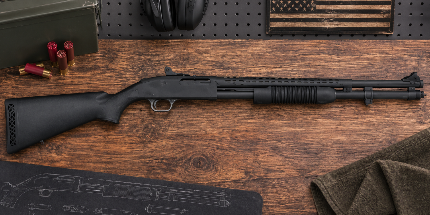 Mossberg 590 on wooden table 