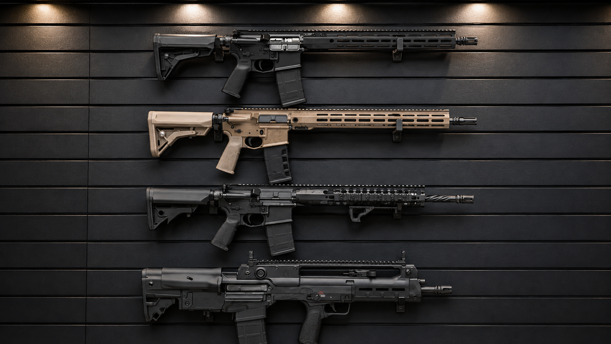 Tactical Rifles on a Shadowed Display Wall