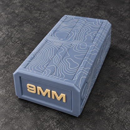 Blue 9MM topographic ammo storage box, closed; ammunition not included