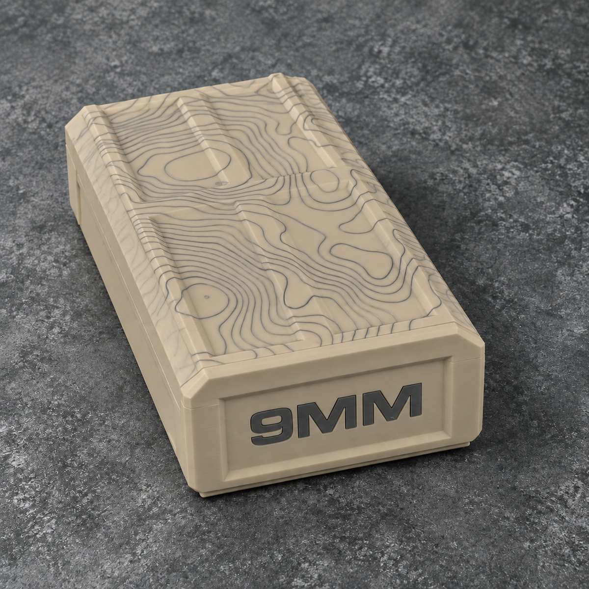 Khaki 9MM topographic ammo storage box, closed; ammunition not included