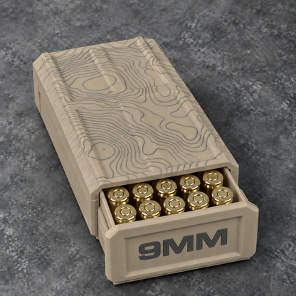 Khaki 9MM topographic ammo storage box open with ten cartridges shown; ammunition not included