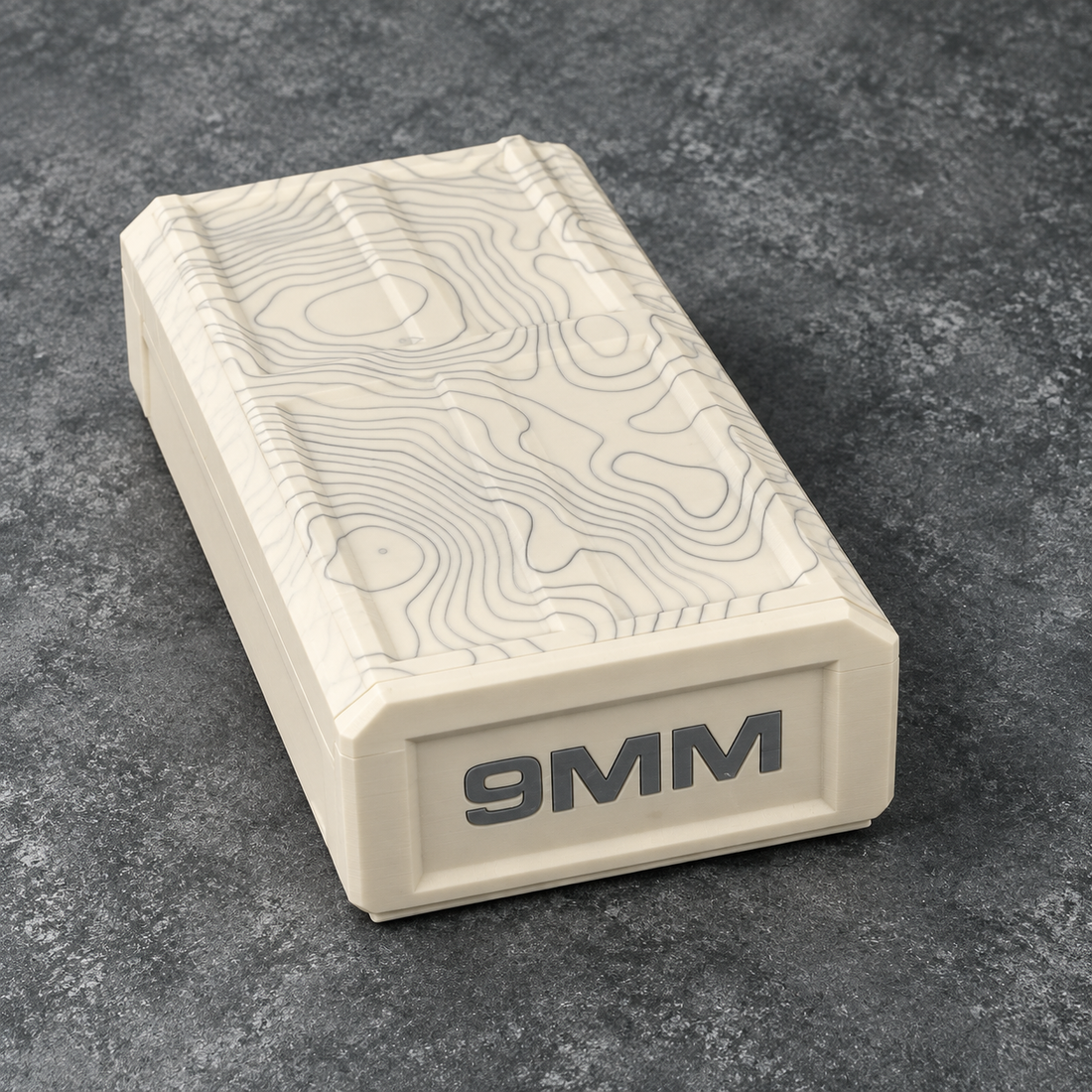 White 9MM topographic ammo storage box, closed; ammunition not included