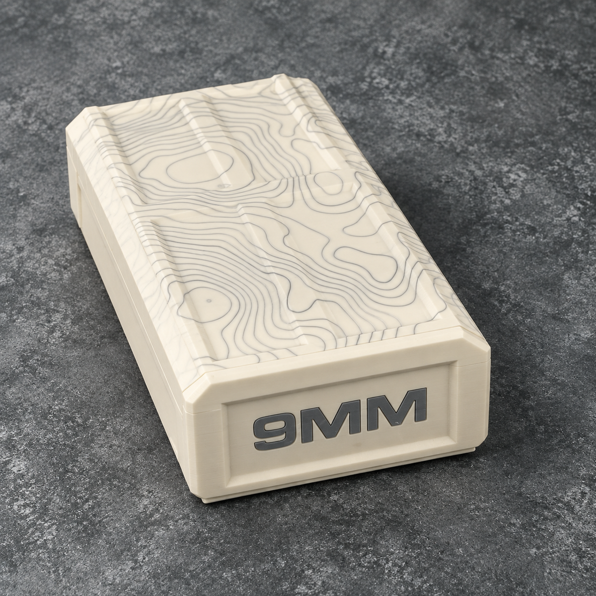 White 9MM topographic ammo storage box, closed; ammunition not included
