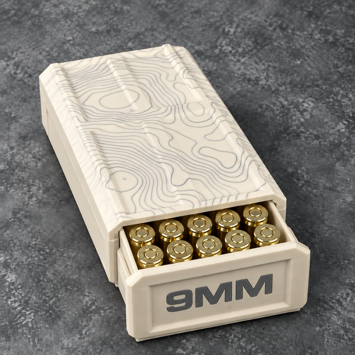 White 9MM topographic ammo storage box open with ten cartridges shown; ammunition not included