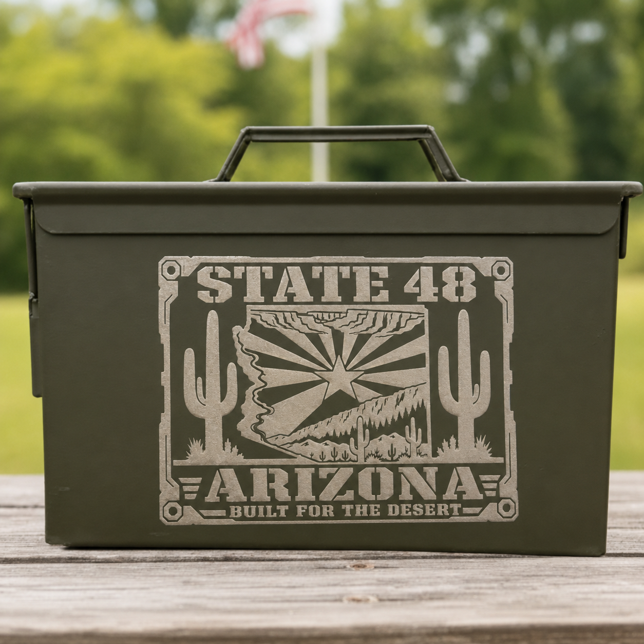 Arizona State 48 design laser engraved on an OD green steel storage can