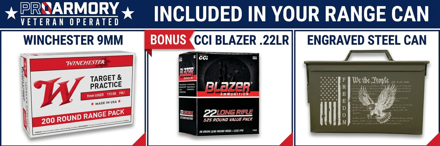 Range Can contents: Winchester 9mm, bonus CCI Blazer .22LR, and engraved steel can
