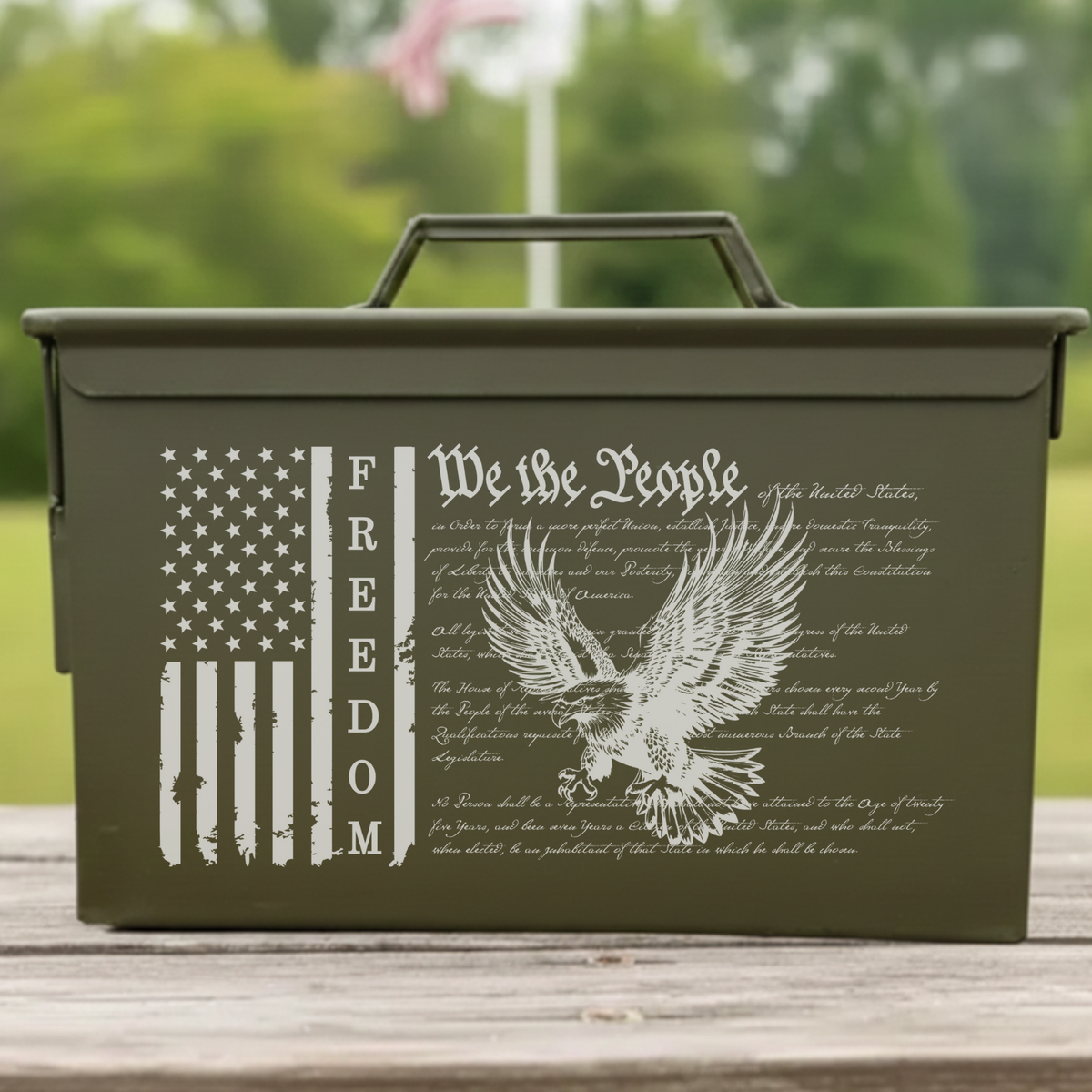 We The People laser-engraved steel ammo can