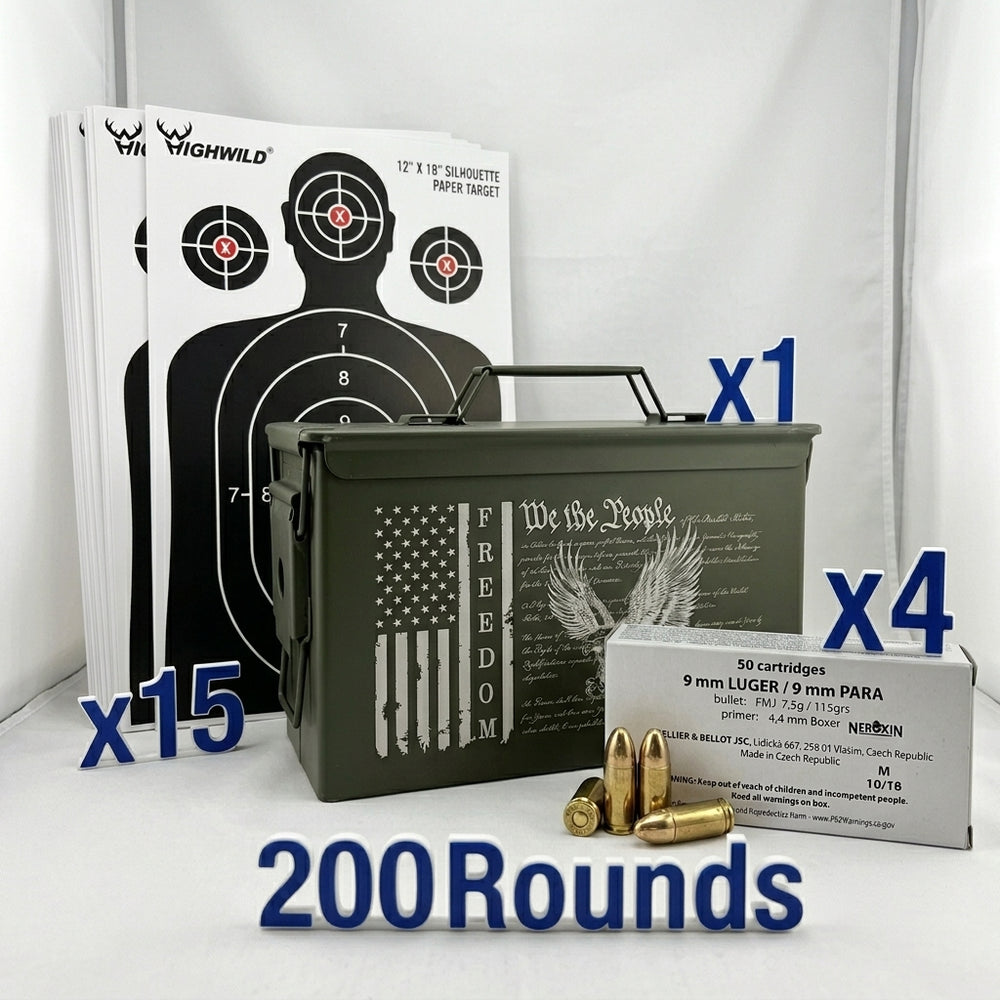 Range Bundle - 200 Rounds 9mm FMJ, 50 Cal Ammo Can, 15 Targets