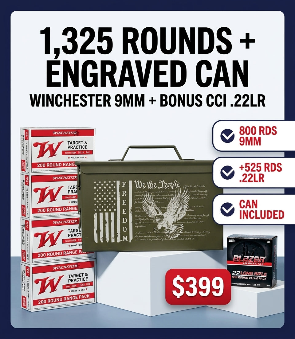 Loaded Range Can with 800 rounds Winchester 9mm, 525 rounds CCI Blazer .22LR, and engraved steel can