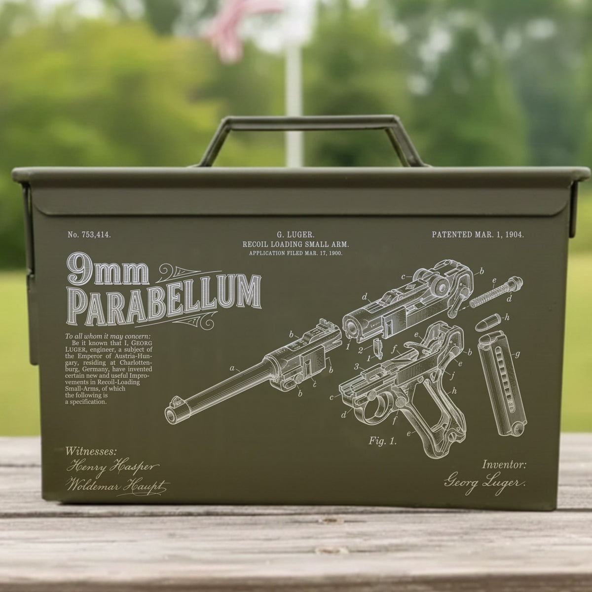 9mm Parabellum engraved .50 cal ammo can with Georg Luger&