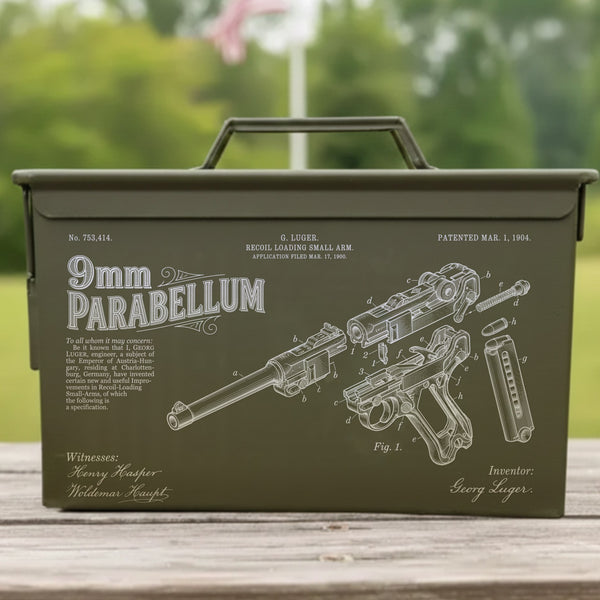 9mm Parabellum engraved .50 cal ammo can with Georg Luger's 1904 patent drawing