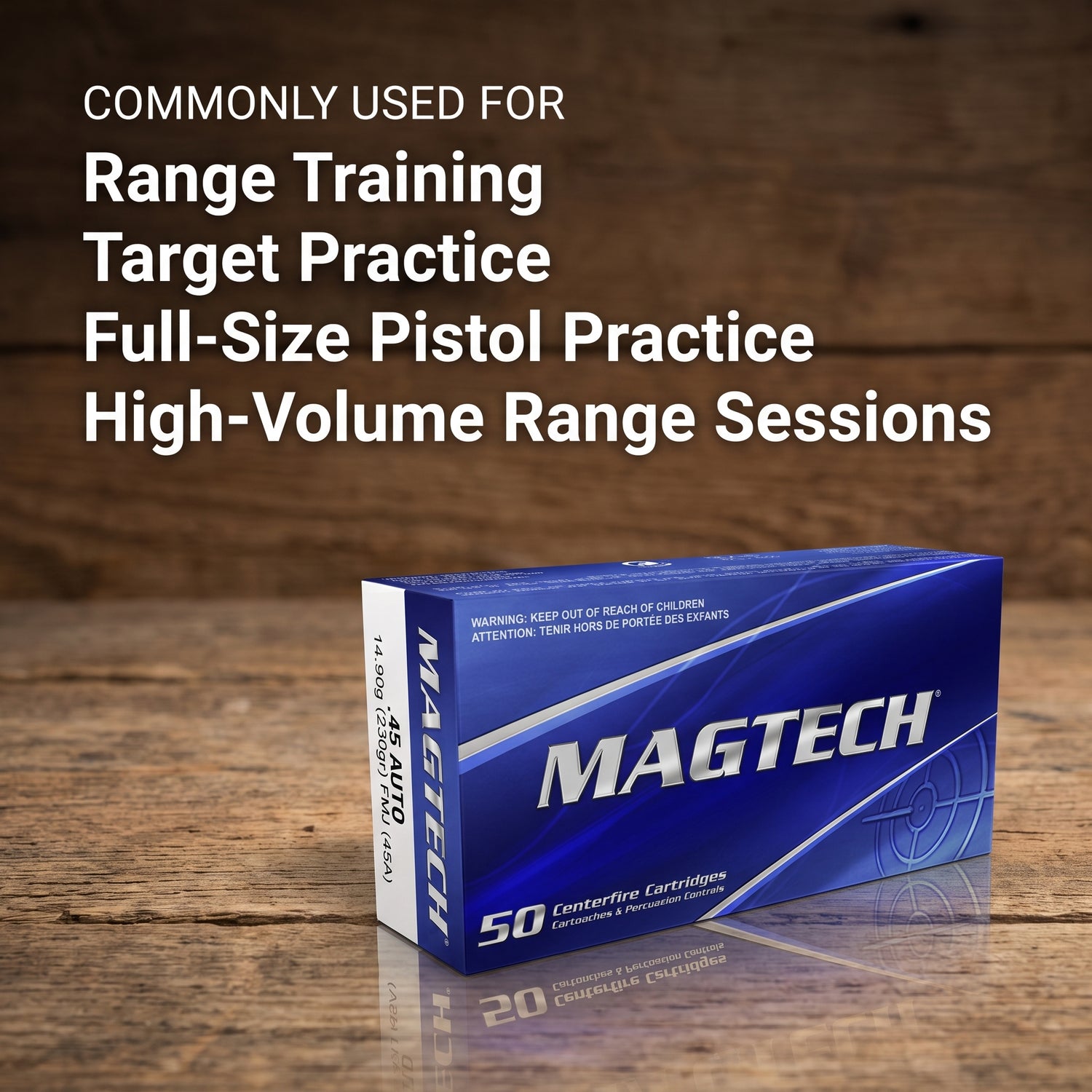 Magtech .45 ACP FMJ ammo common uses for range training and target practice