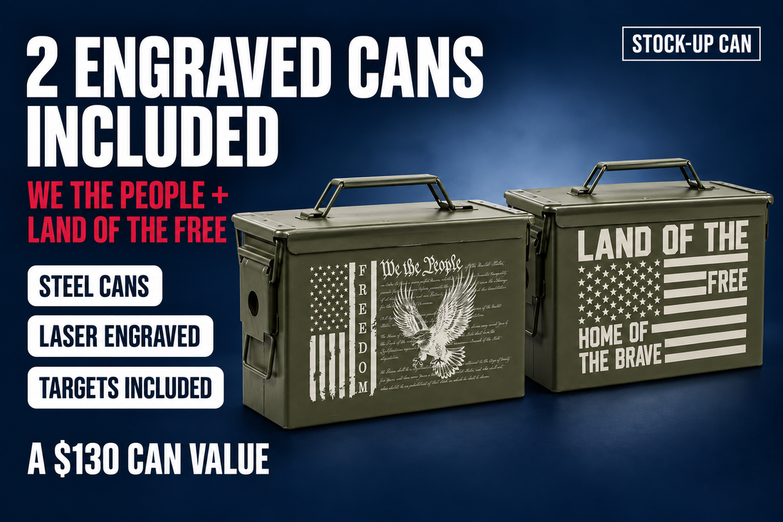 Stock-Up: the We The People and Land of the Free cans, both engraved