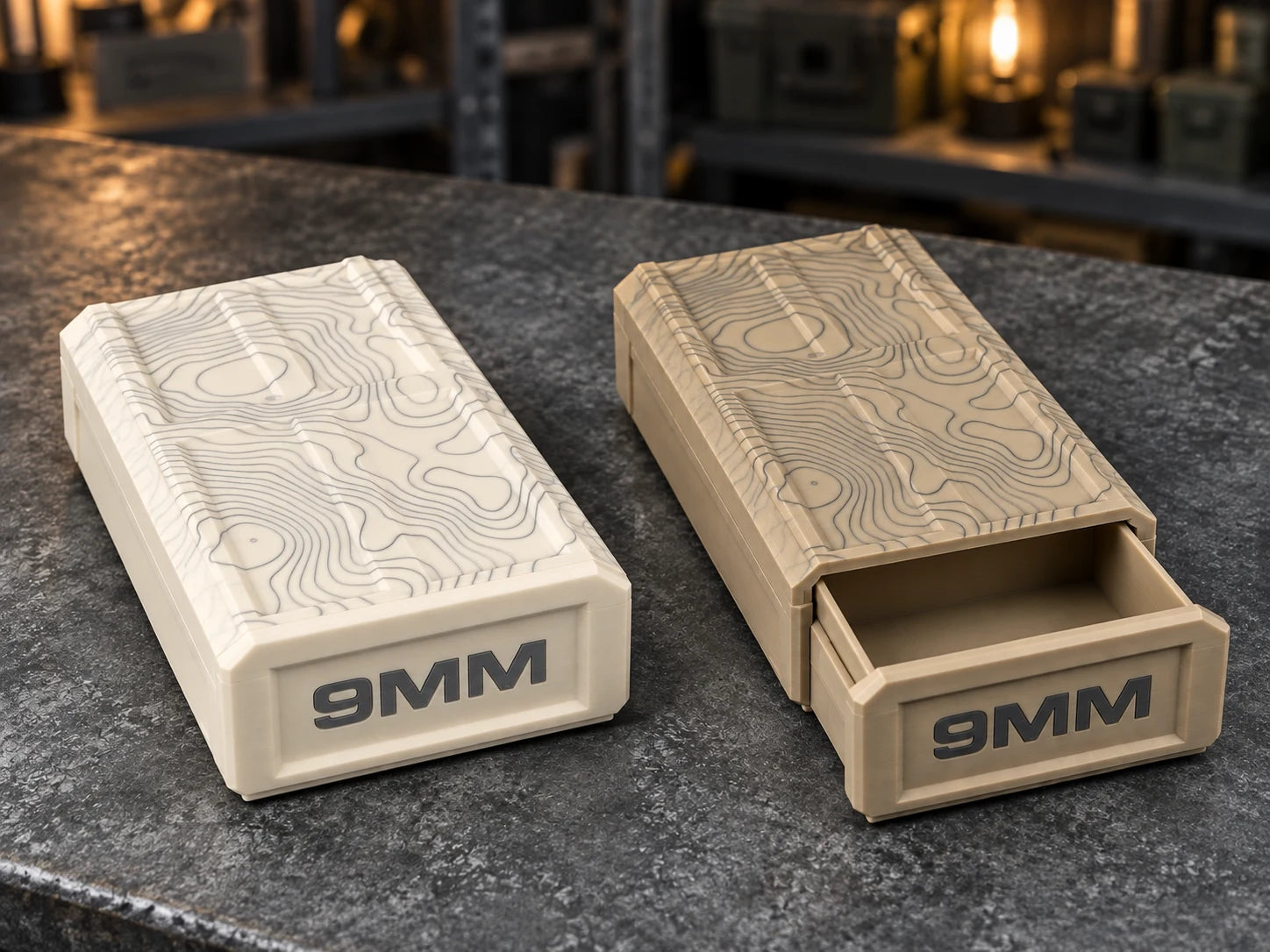 White and Khaki 3D-printed 9MM storage boxes with laser-engraved topographic patterns