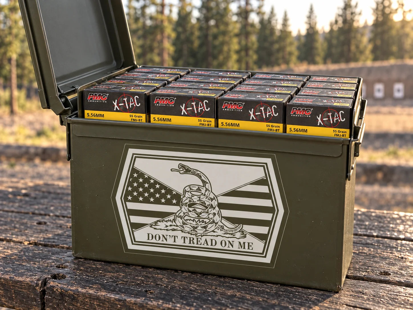 Don't Tread on Me engraved steel can with PMC 5.56 and S&B 9mm