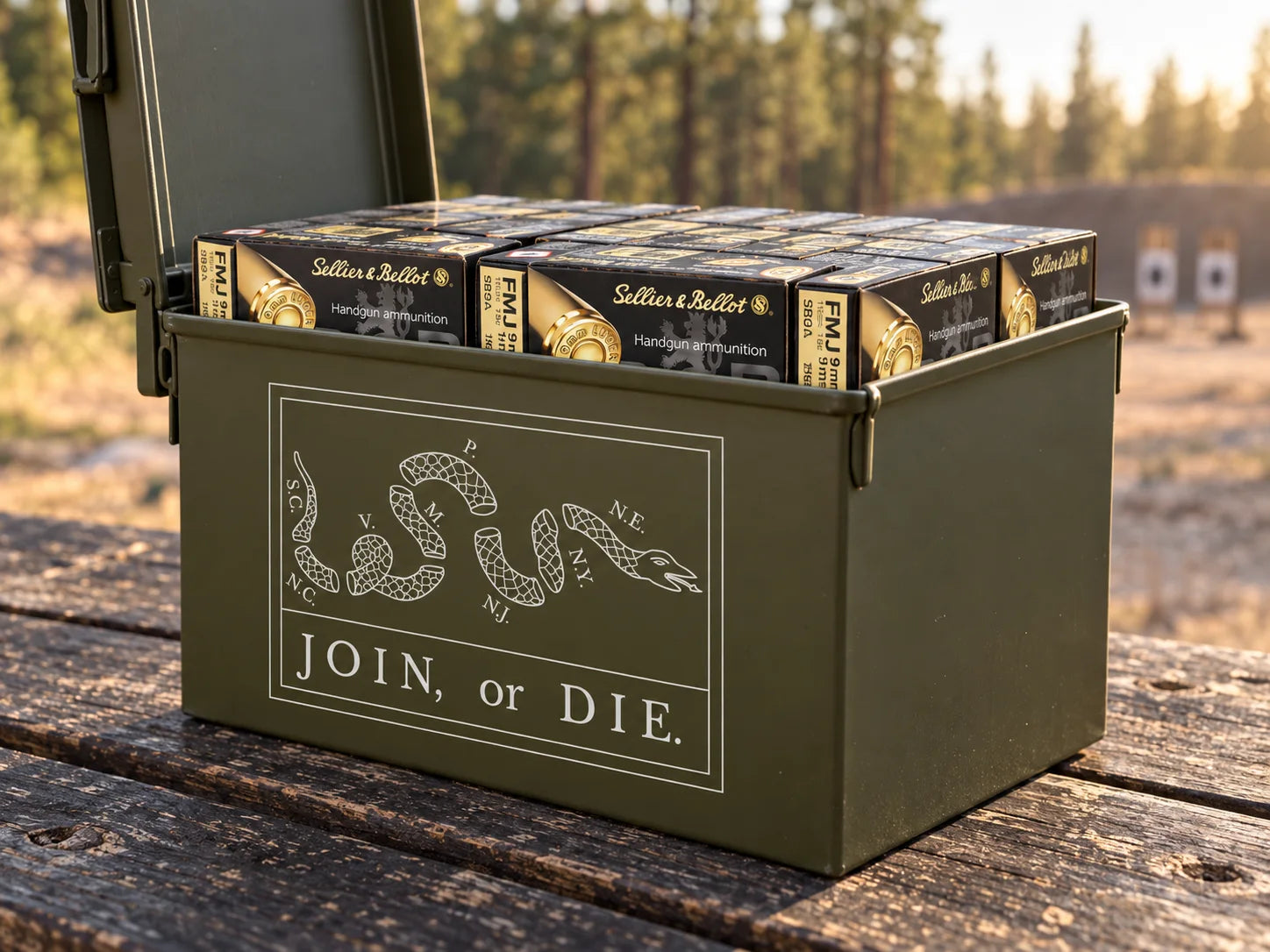 Join, or Die engraved steel can with PMC 5.56 and S&B 9mm