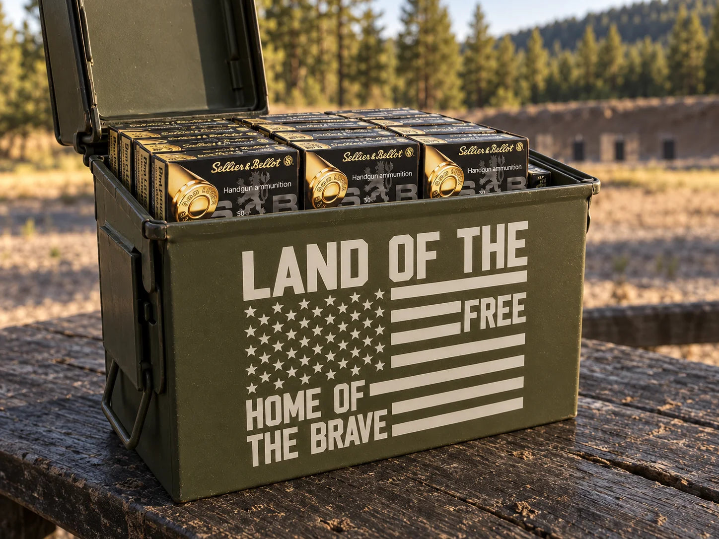 Land of the Free engraved steel can with PMC 5.56 and S&B 9mm