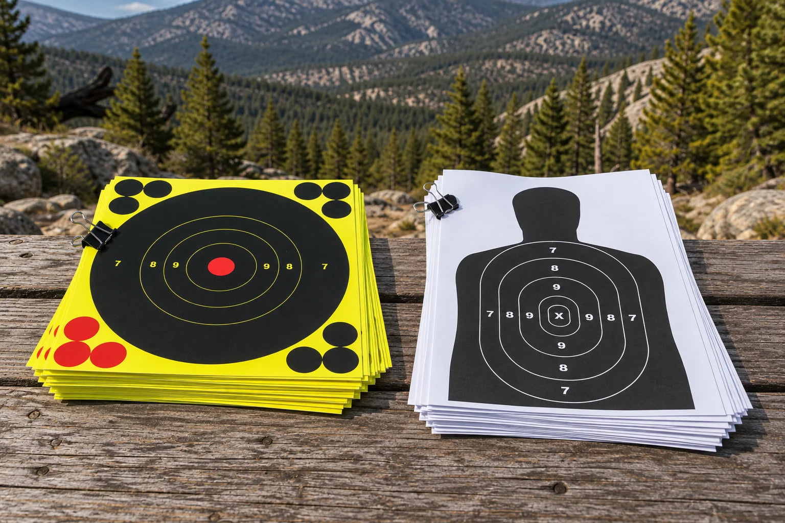 Yellow reactive splatter targets and full-size white silhouette targets