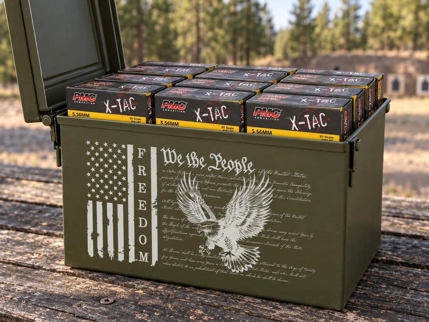 We The People engraved steel can with PMC 5.56 and S&B 9mm