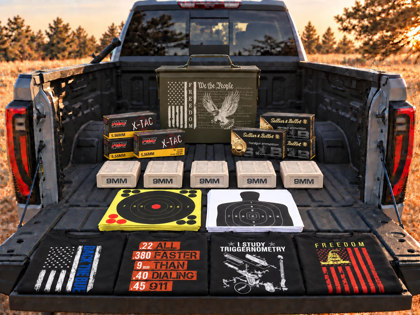 Range Reserve with PMC 5.56, S&B 9mm, one We The People can, four shirts, mixed targets and five 9MM storage boxes