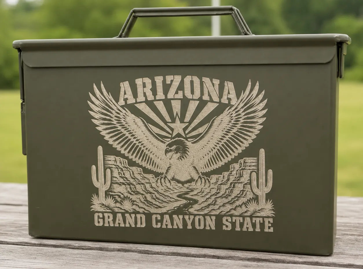 Front of the Arizona Grand Canyon Eagle engraved ammo can: an eagle over the canyon, the state flag's rays and star, saguaros and GRAND CANYON STATE