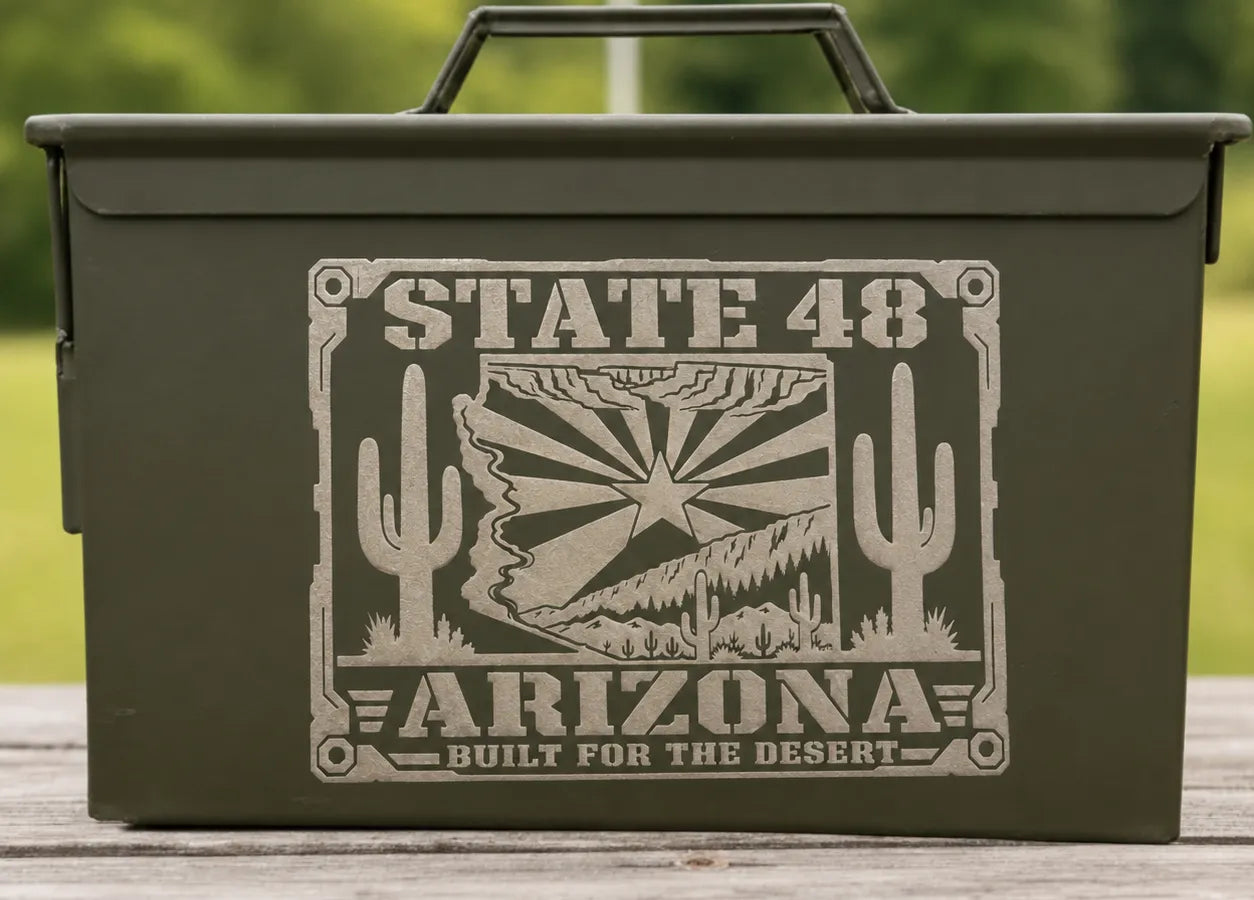 Front of the State 48 Arizona engraved ammo can: the state outline filled with its flag, the Colorado River, saguaros and BUILT FOR THE DESERT