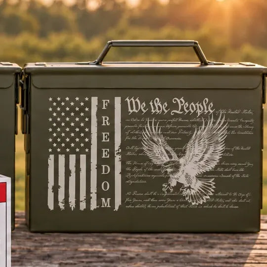 The We The People engraved can on a wooden range table at sunset