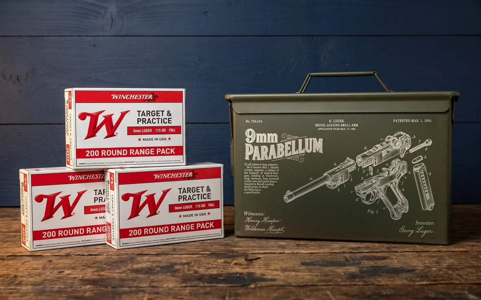 The 9mm Parabellum engraved can beside three boxes of Winchester 9mm