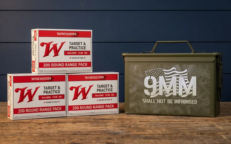 Winchester 9mm range packs with an engraved surplus ammo can