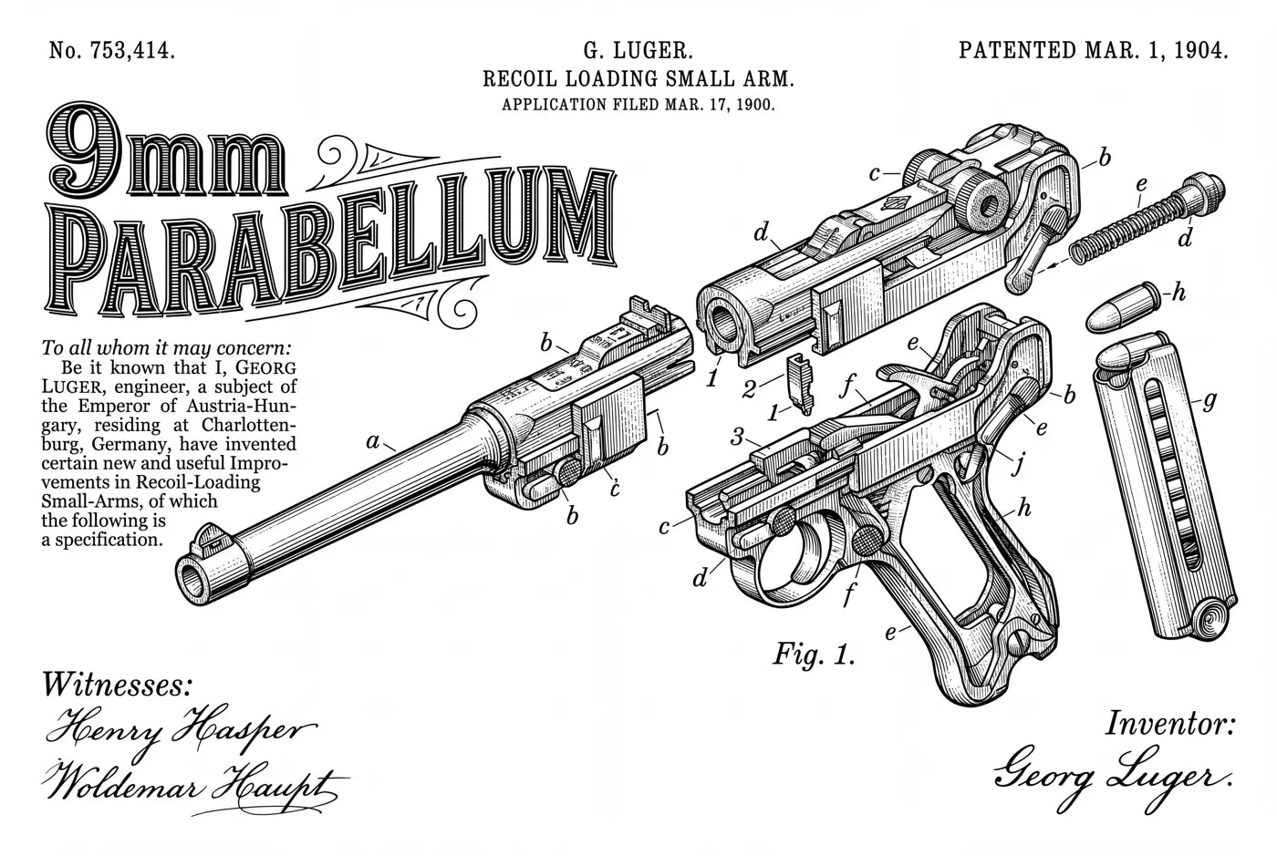 U.S. Patent 753,414, Georg Luger, granted March 1, 1904