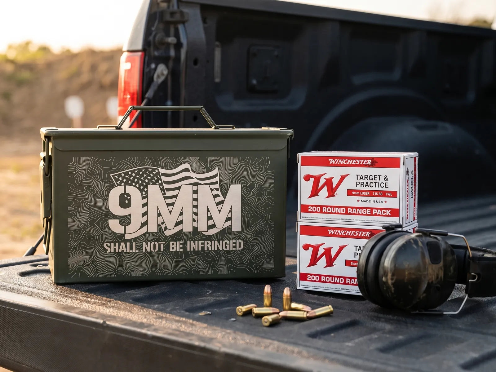 The Shall Not Be Infringed 9mm can on a truck tailgate with Winchester 9mm and ear protection