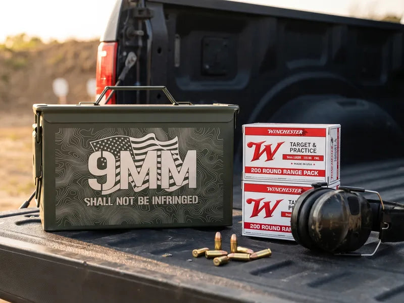 Engraved Shall Not Be Infringed can and Winchester 9mm on a truck tailgate at the range