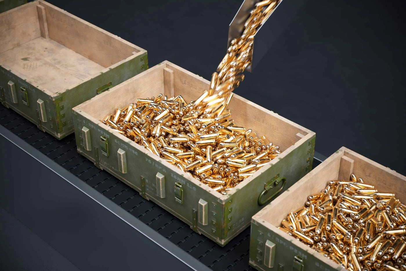 Brass cartridges pouring into olive-drab wooden ammo crates